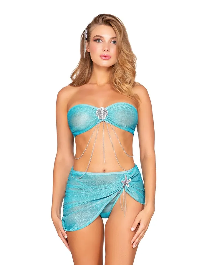 4 pc Mystical Mermaid Mesh Bandeau, Mini Skirt, G-String & Hair Clip Blue O/S