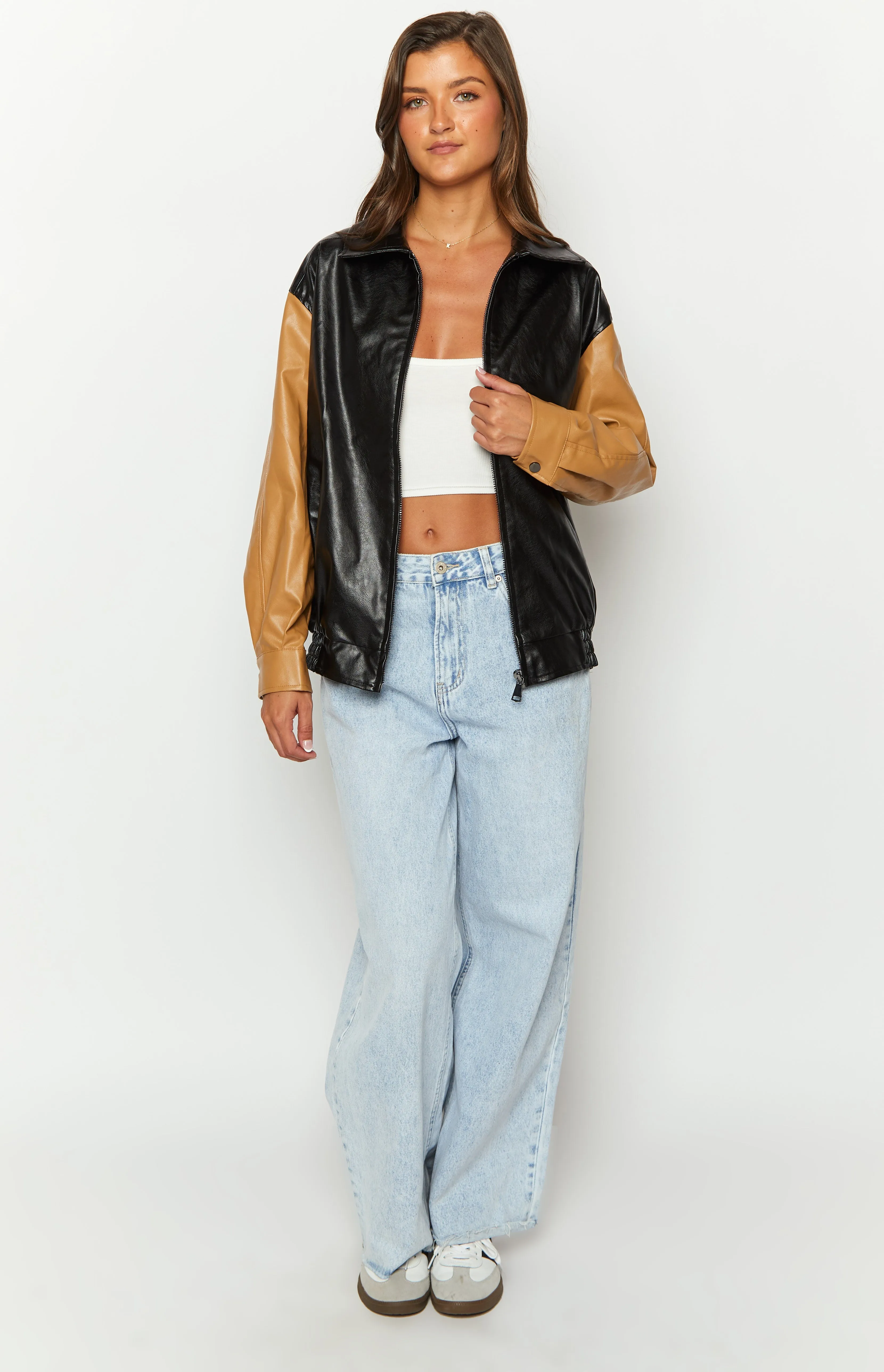 Abbi PU Black And Brown Contrast Bomber Jacket