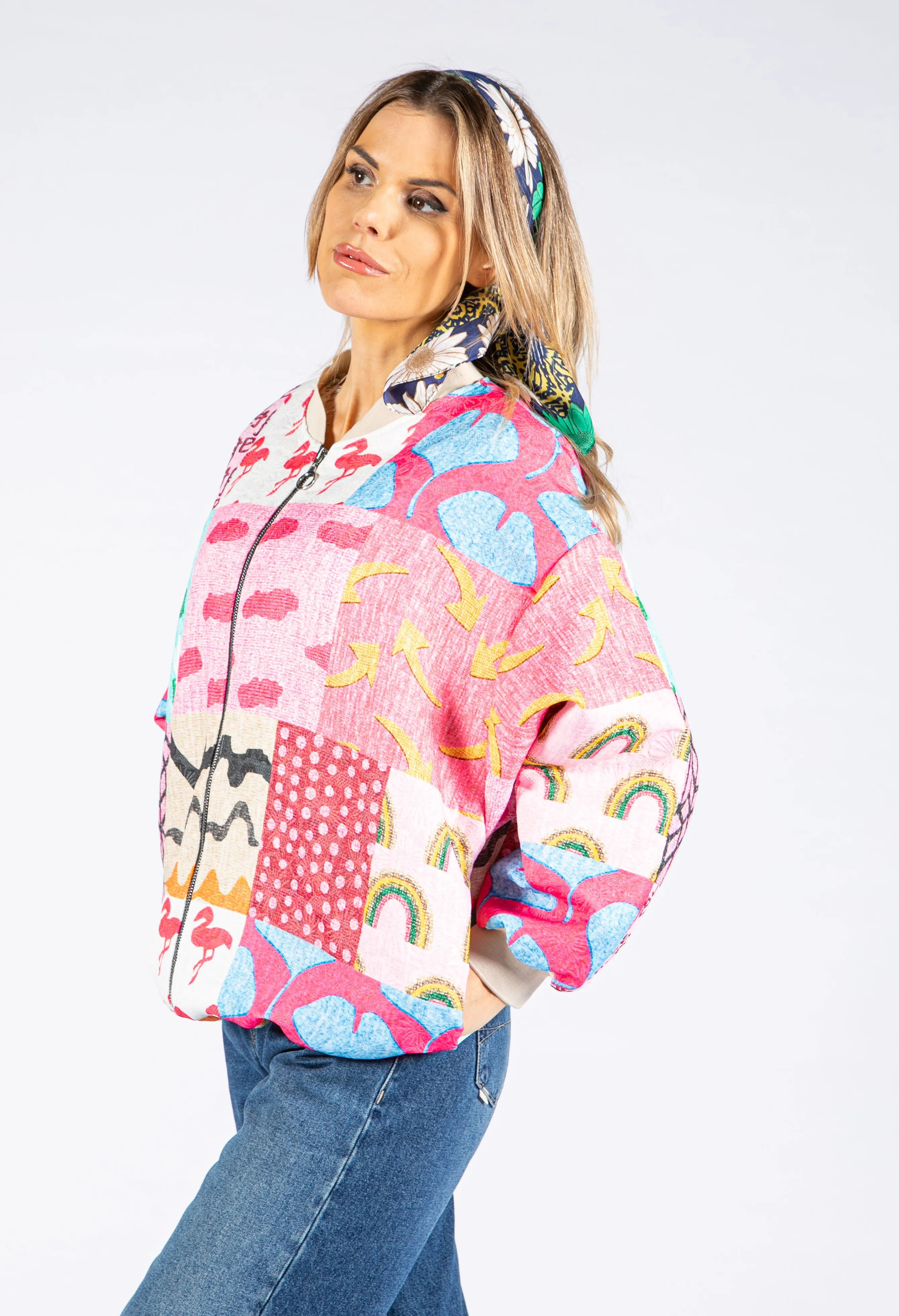 Abstract Patchwork Bomber Jacket