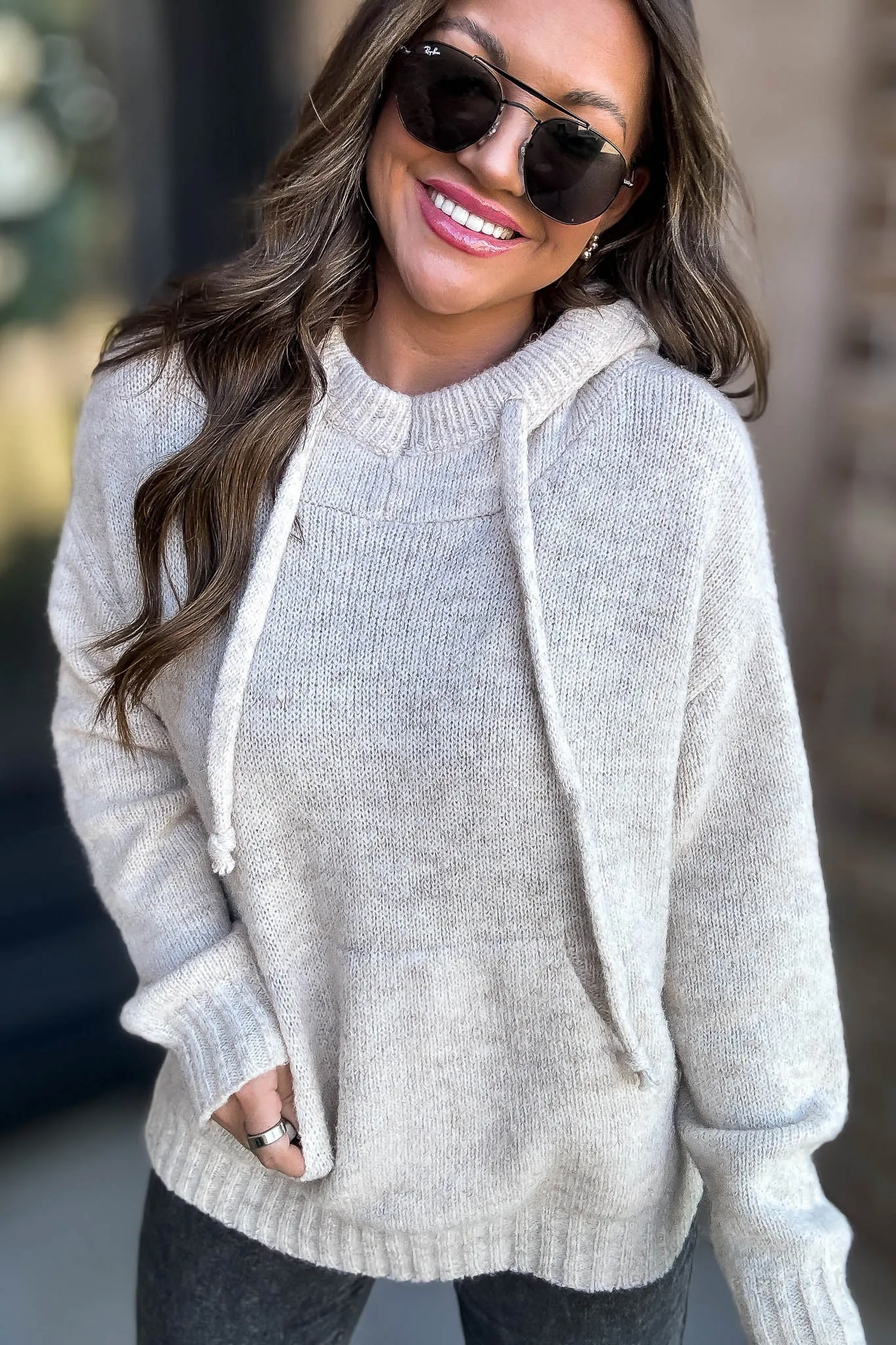 Beige Hoodie Sweater Top