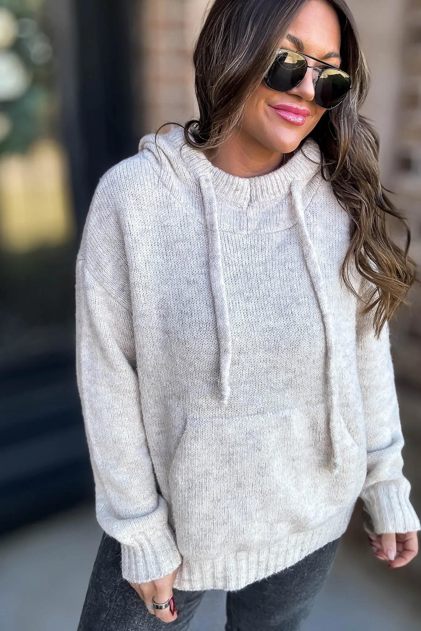 Beige Hoodie Sweater Top