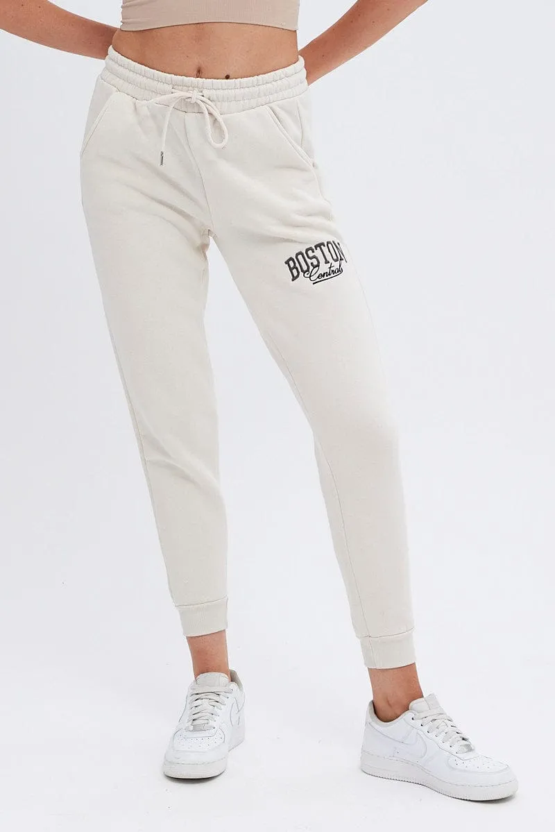 Beige Track Pants High Rise Jogger