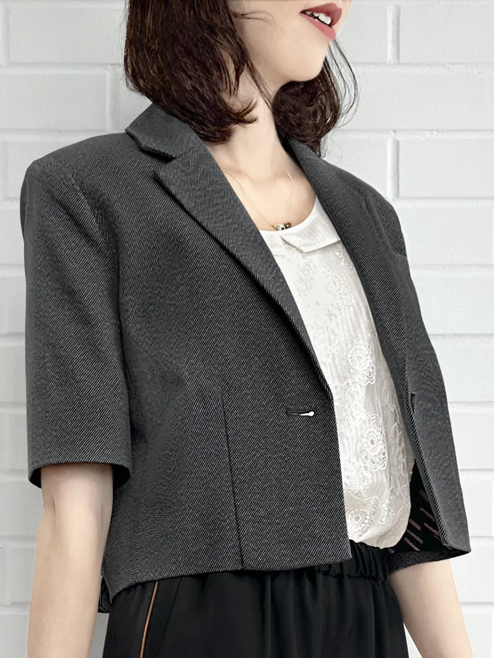 Black Denim Ruffle Detail Strong Shoulder Crop Blazer