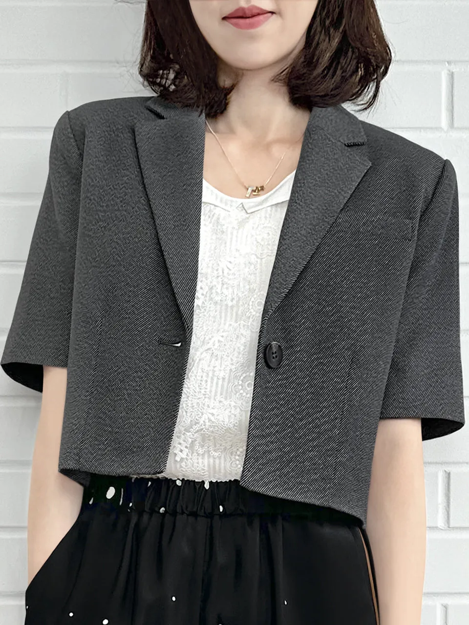 Black Denim Ruffle Detail Strong Shoulder Crop Blazer