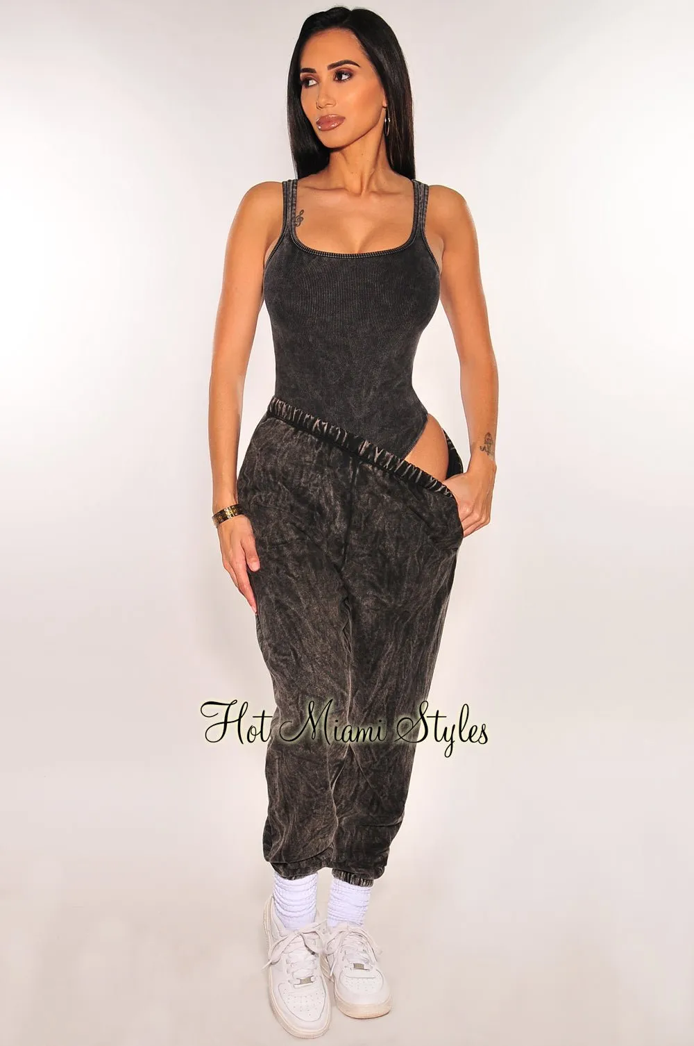 Black Vintage Wash Bodysuit Jogger Pants Two Piece Set