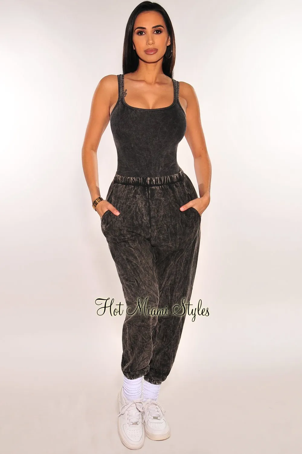 Black Vintage Wash Bodysuit Jogger Pants Two Piece Set