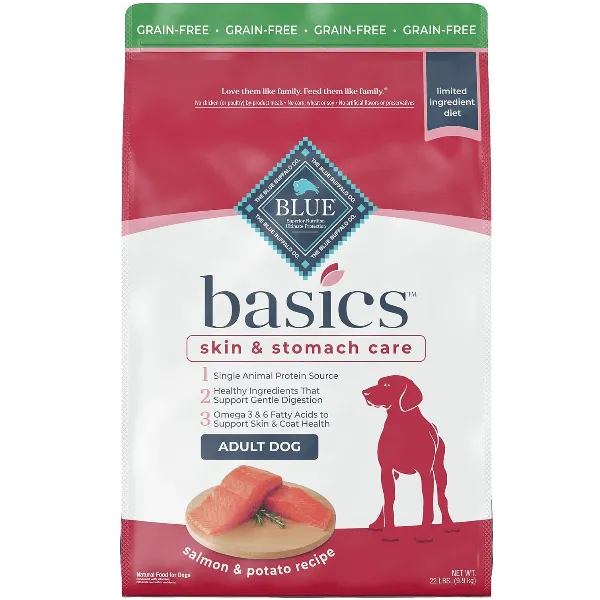 BLUE Basics Skin & Stomach Care Grain-Free Salmon & Potato Recipe Dry Dog Food, 22lb