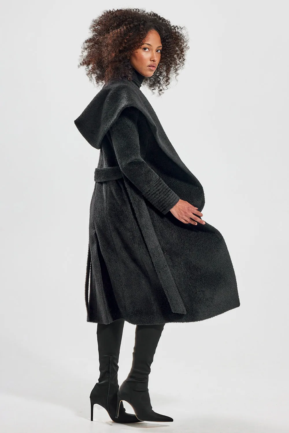 Bouclé Alpaca Long Hooded Wrap Coat