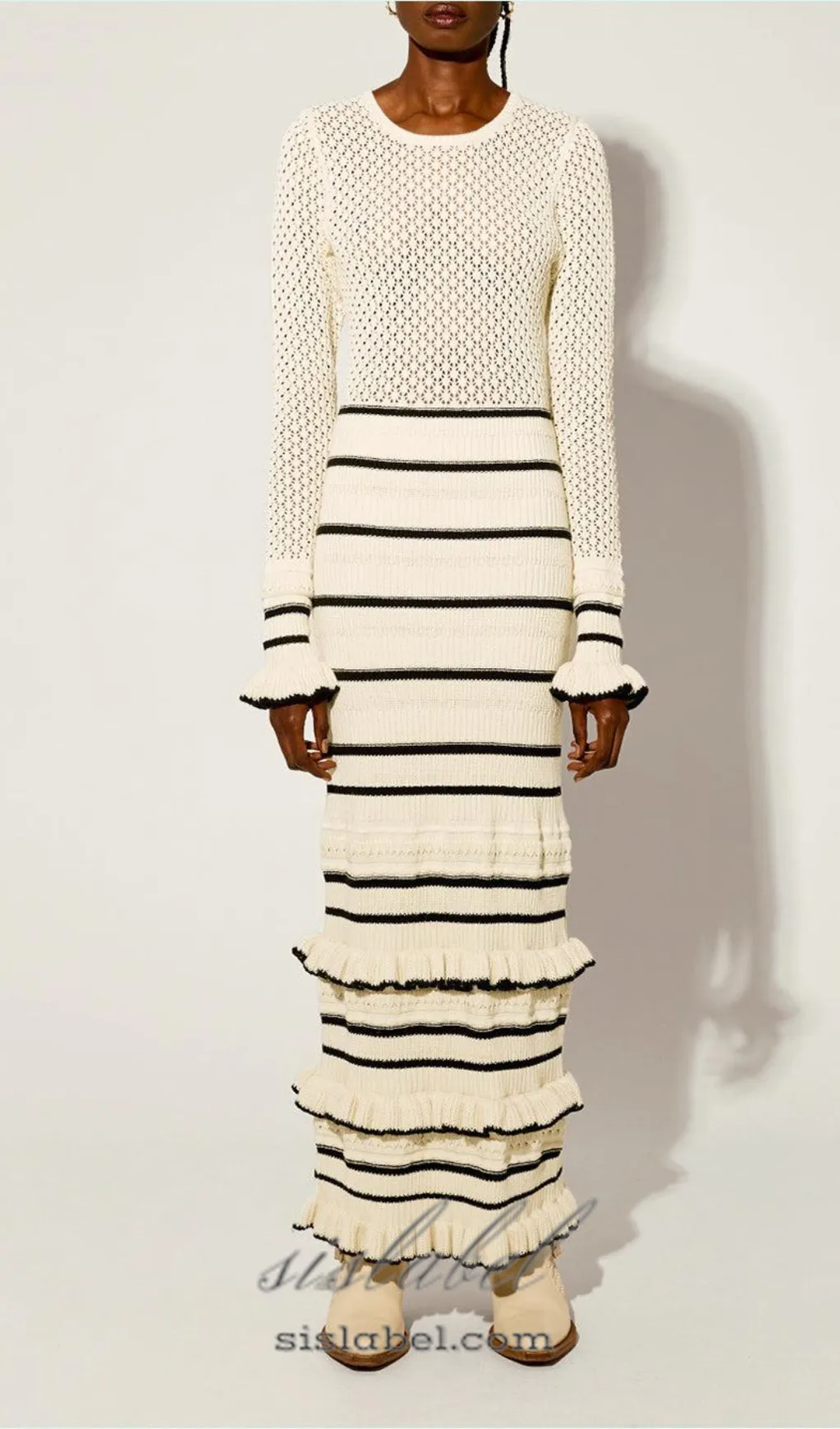 BRIDGET KNIT STRIPE FRILL MIDI DRESS IN WHITE