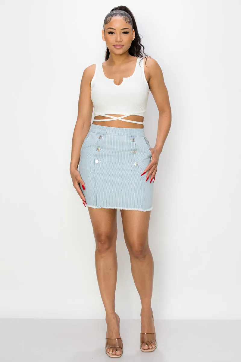 Button Frayed Denim Mini Skirt - Ships from The USA