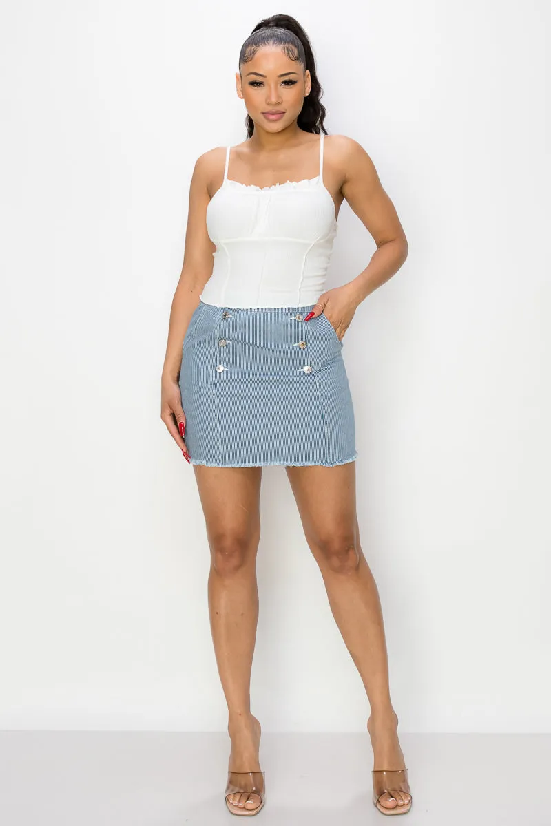 Button Frayed Denim Mini Skirt - Ships from The USA