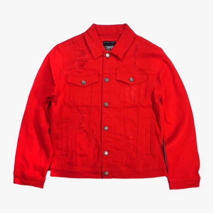 Copper Rivet Ripped Denim Jacket (Red)