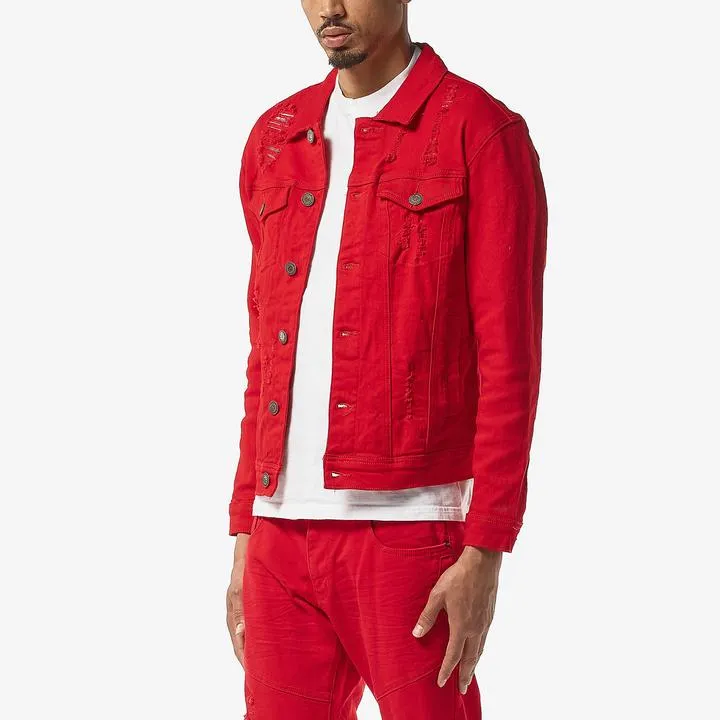 Copper Rivet Ripped Denim Jacket (Red)