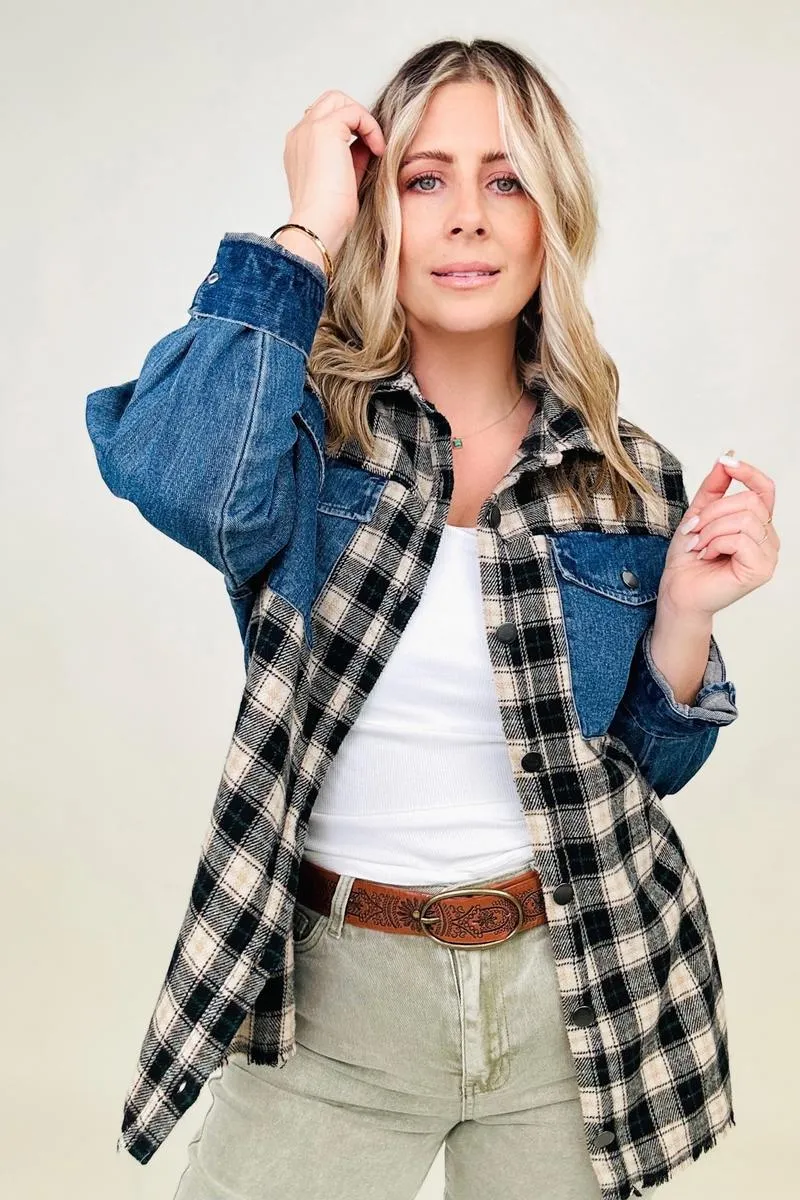 Cotton Bleu Brushed Plaid Denim Jacket