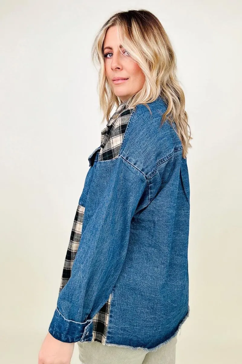 Cotton Bleu Brushed Plaid Denim Jacket