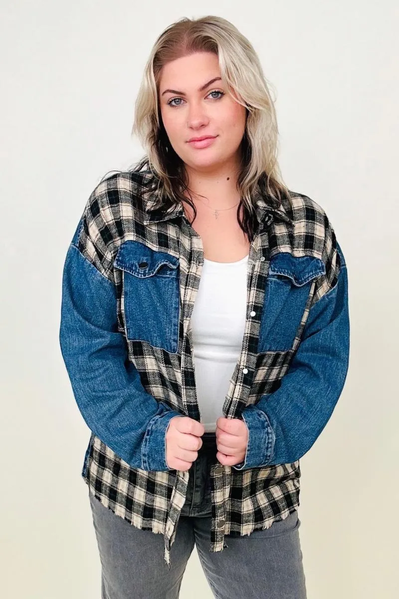 Cotton Bleu Brushed Plaid Denim Jacket