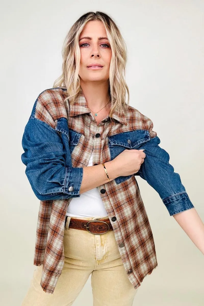 Cotton Bleu Brushed Plaid Denim Jacket