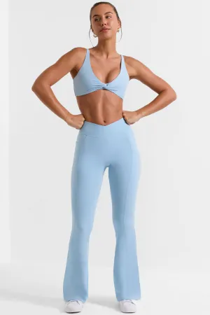 Cross Waistband Flare Pocket Leggings in Ice Blue