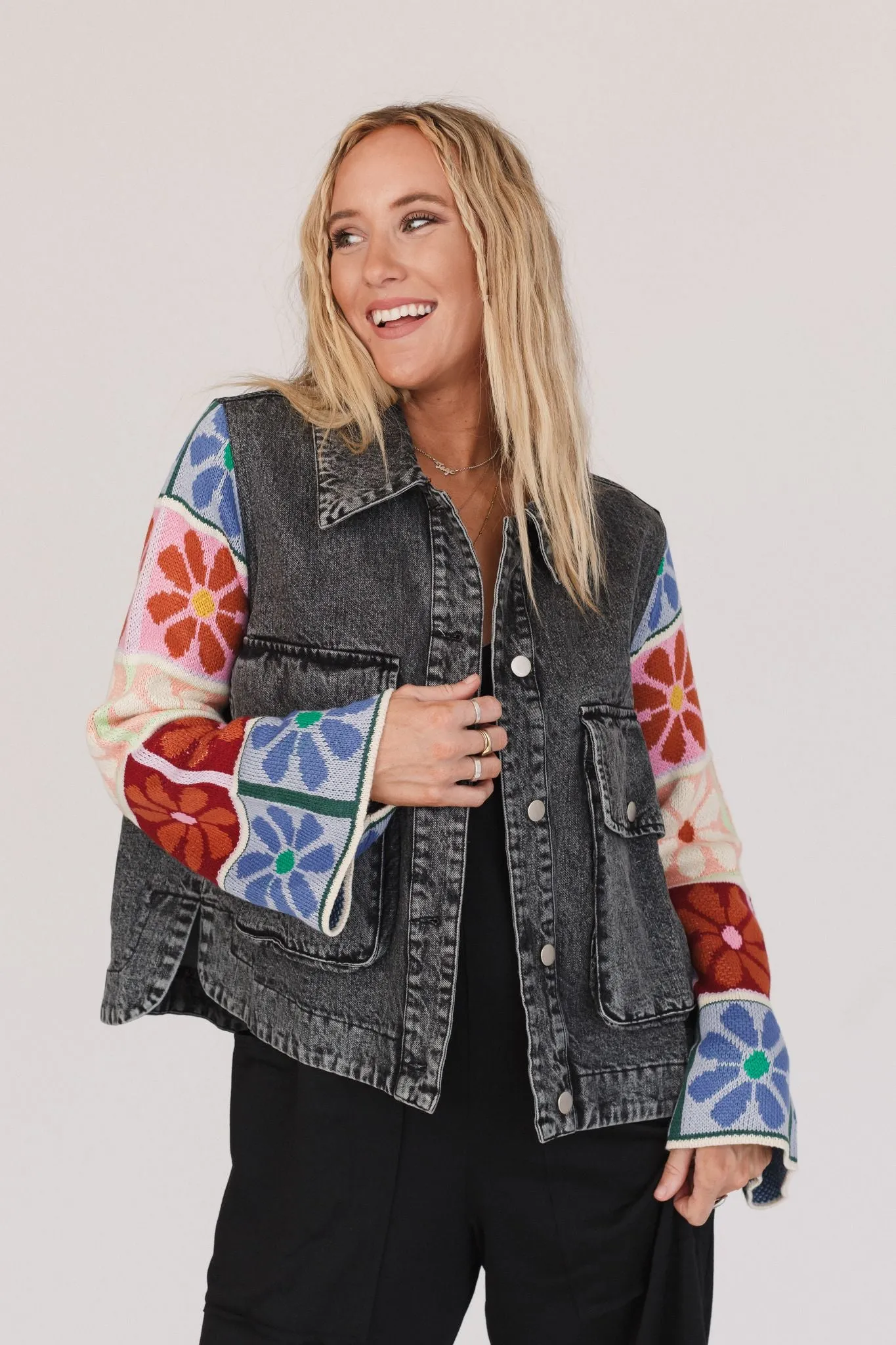 Dahlia Sweater Denim Jacket - Black Denim