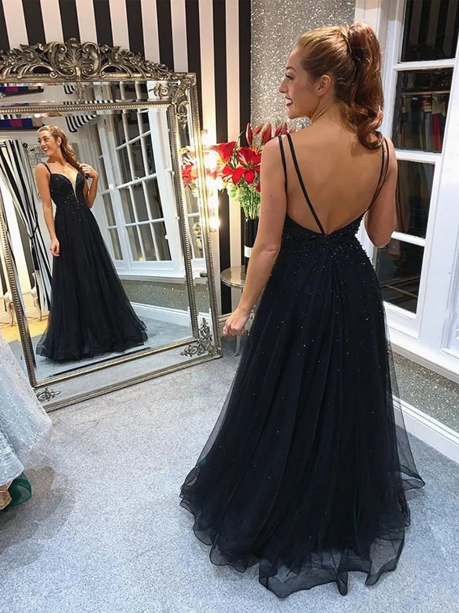 Elegant A Line V Neck Backless Beaded Top Black Long Prom, V Neck Backless Black Formal Graduation Evening