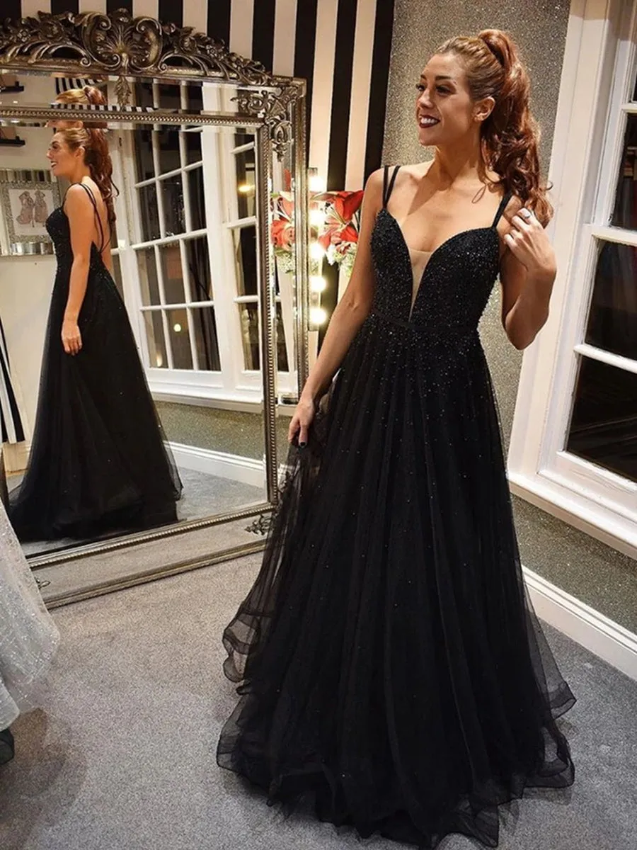 Elegant A Line V Neck Backless Beaded Top Black Long Prom, V Neck Backless Black Formal Graduation Evening