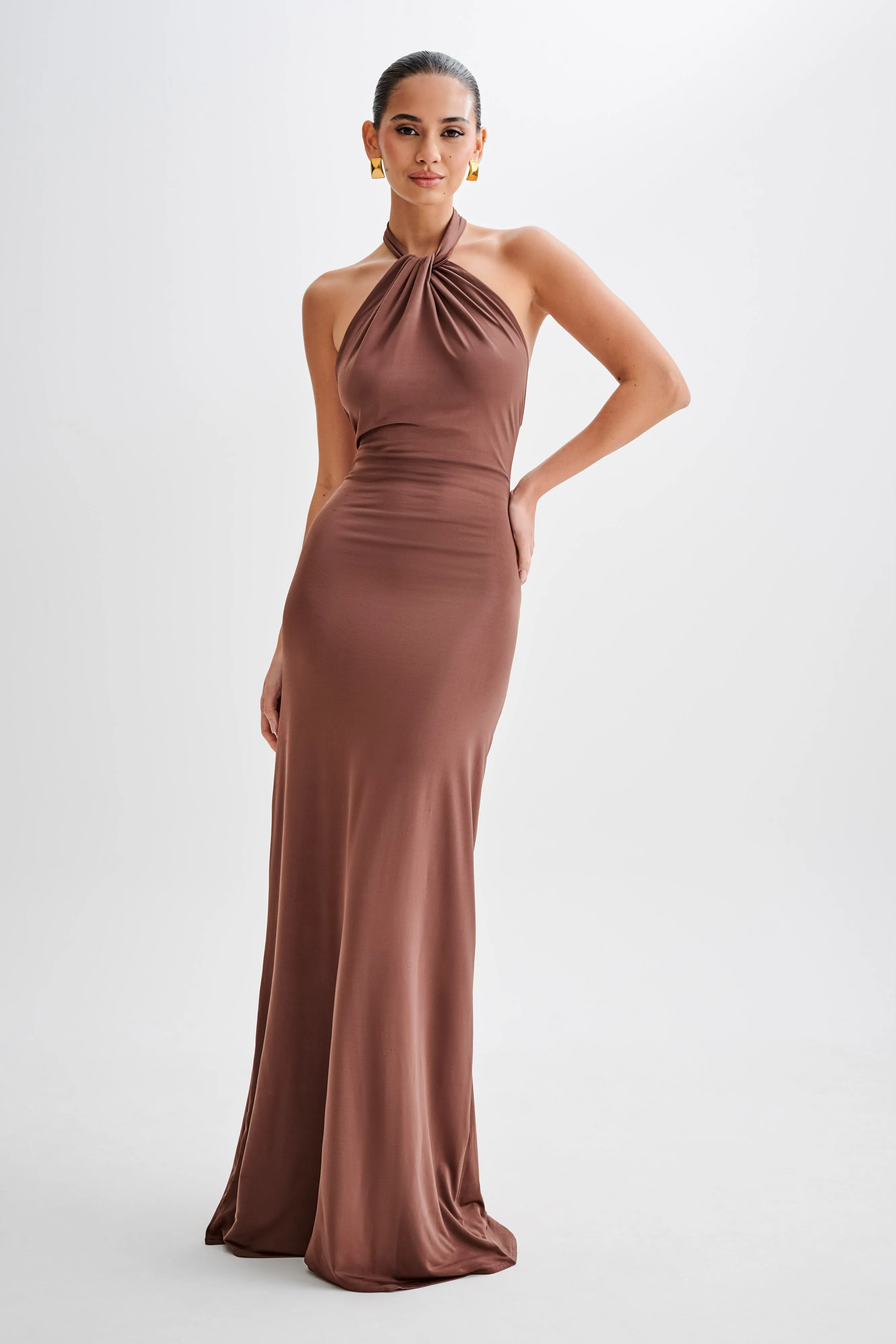 Elyna Slinky Halter Maxi Dress - Chocolate