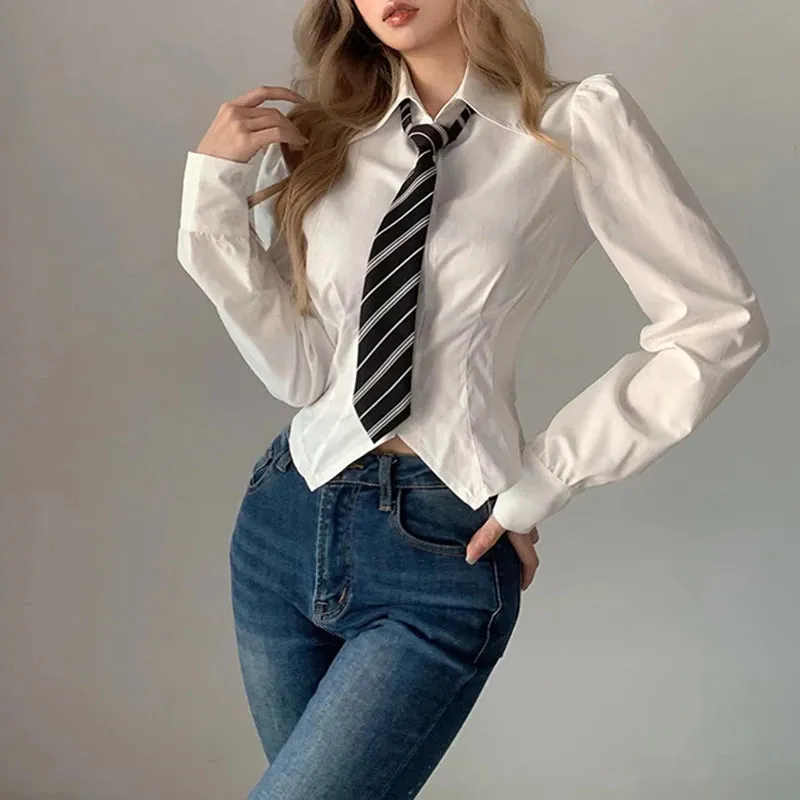 Fashion Chic Slim White Long Sleeve Women Blouses and Tops Casual Cropped Shirt Spring Buttons Cardigan With Tie