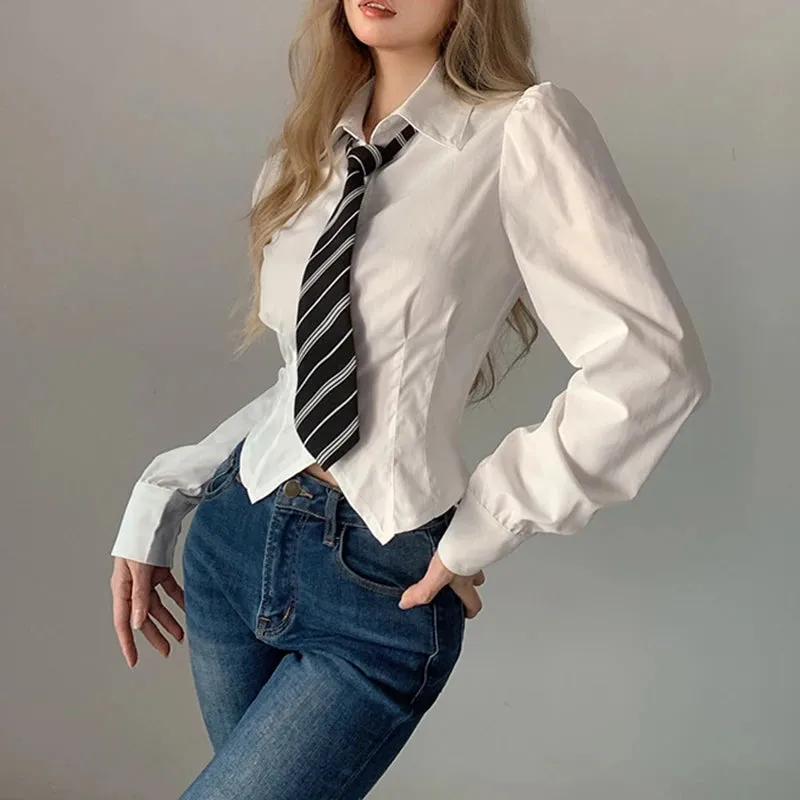 Fashion Chic Slim White Long Sleeve Women Blouses and Tops Casual Cropped Shirt Spring Buttons Cardigan With Tie