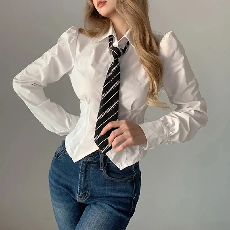 Fashion Chic Slim White Long Sleeve Women Blouses and Tops Casual Cropped Shirt Spring Buttons Cardigan With Tie