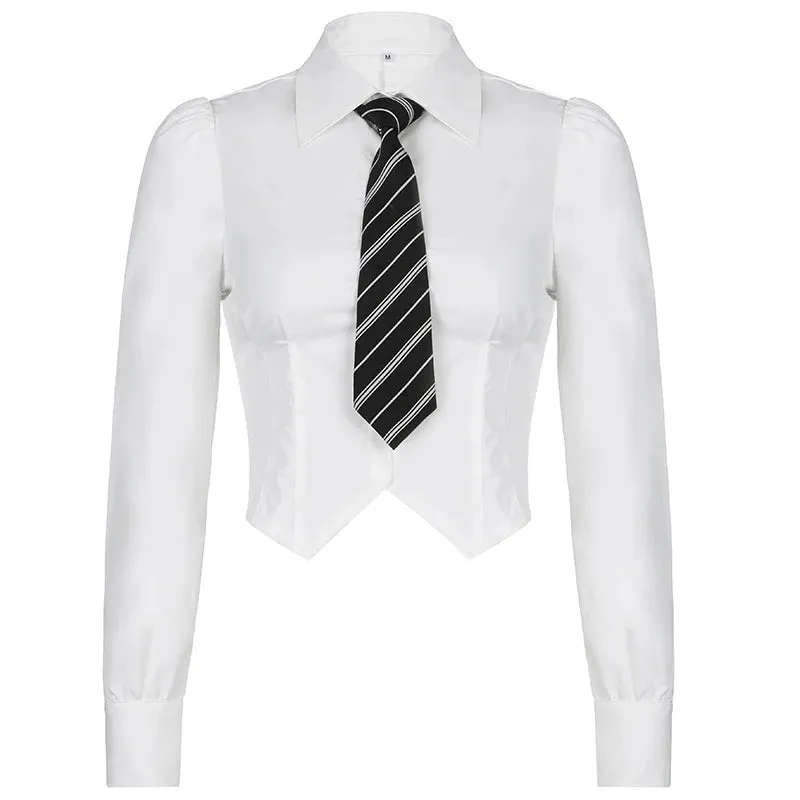 Fashion Chic Slim White Long Sleeve Women Blouses and Tops Casual Cropped Shirt Spring Buttons Cardigan With Tie