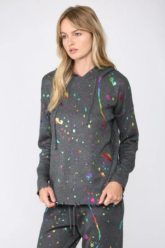 FATE BY LTD FOIL PAINT SPLATTER HOODED SWEATER - CHARCOAL