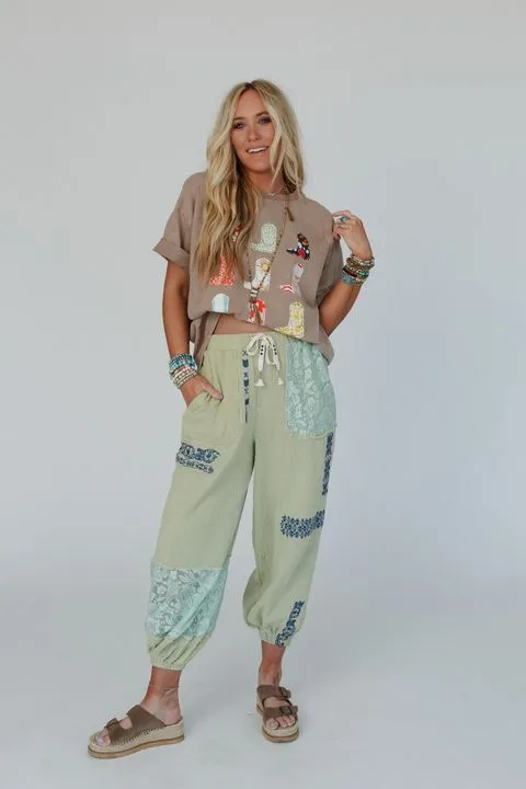 Globe Trotter Lace Embroidered Joggers - Sage