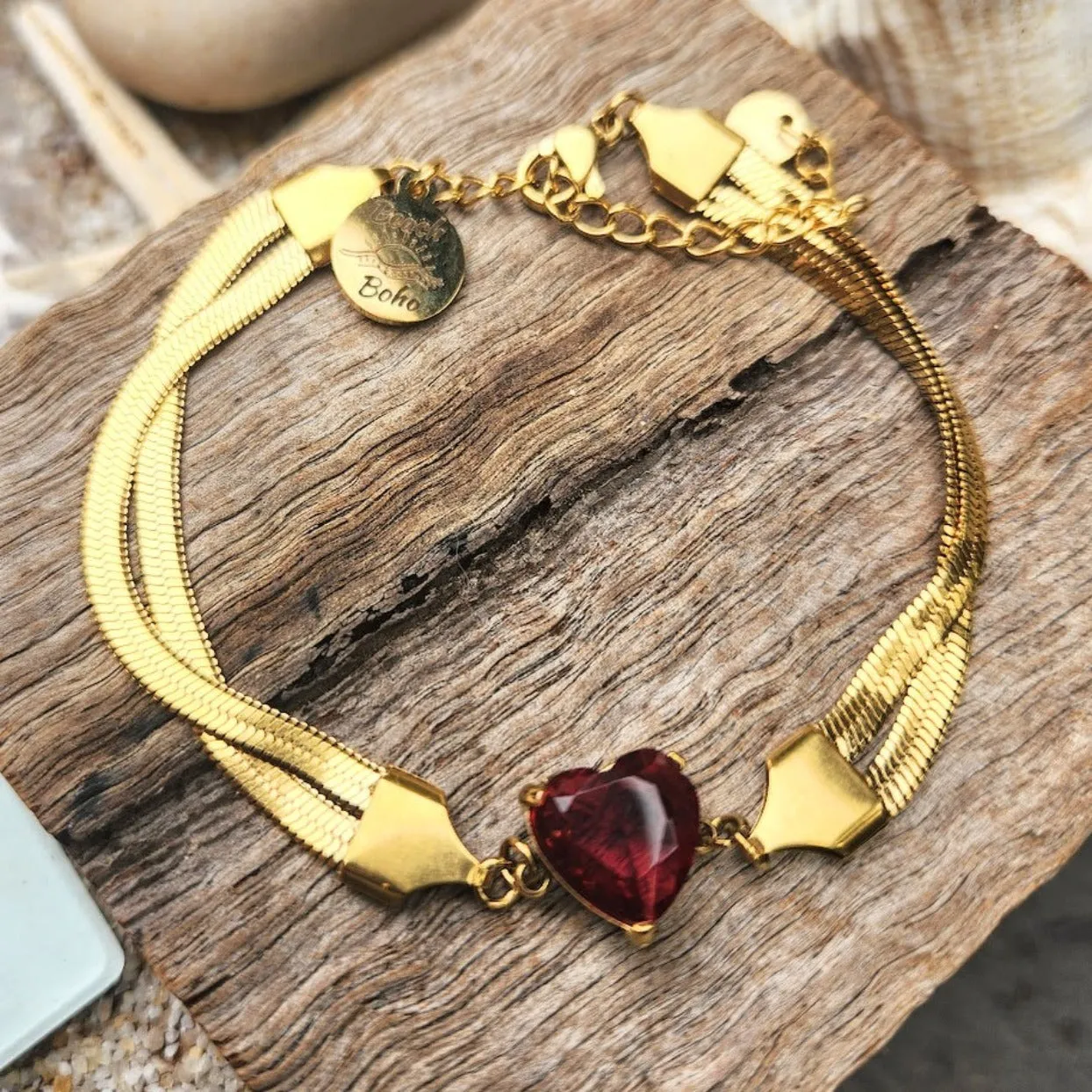 GOLD HEART DOUBLE SNAKE CHAIN WATERPROOF BRACELET