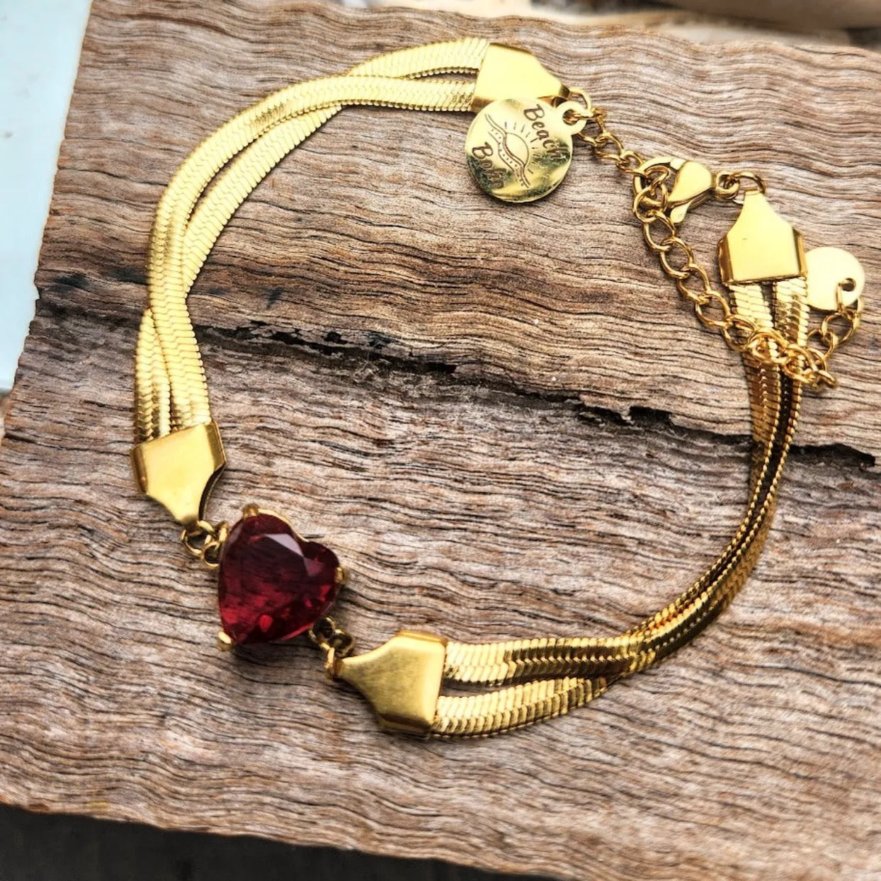 GOLD HEART DOUBLE SNAKE CHAIN WATERPROOF BRACELET