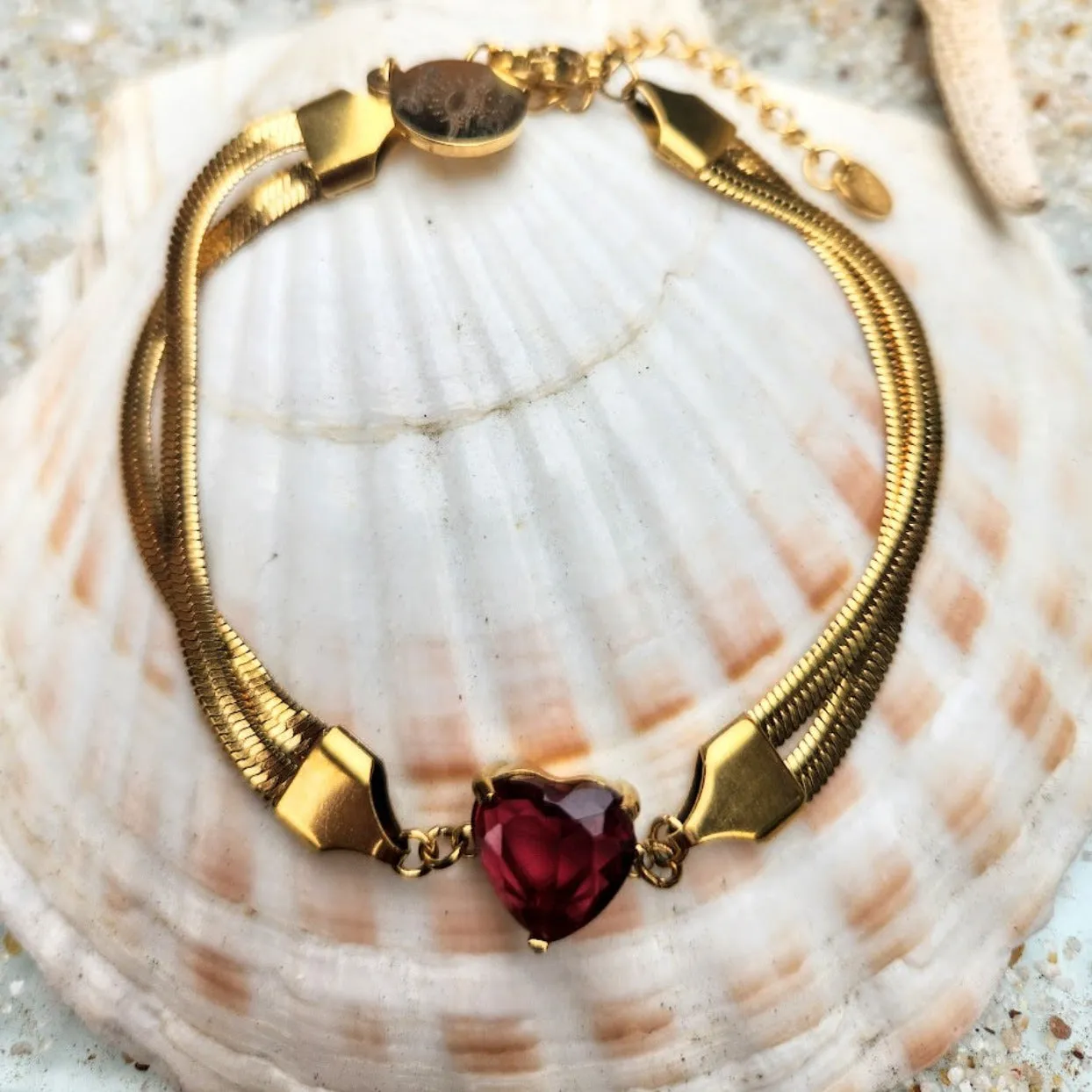 GOLD HEART DOUBLE SNAKE CHAIN WATERPROOF BRACELET