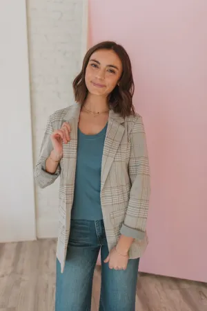 Liverpool Oatmeal/Turquoise Plaid Boyfriend Blazer