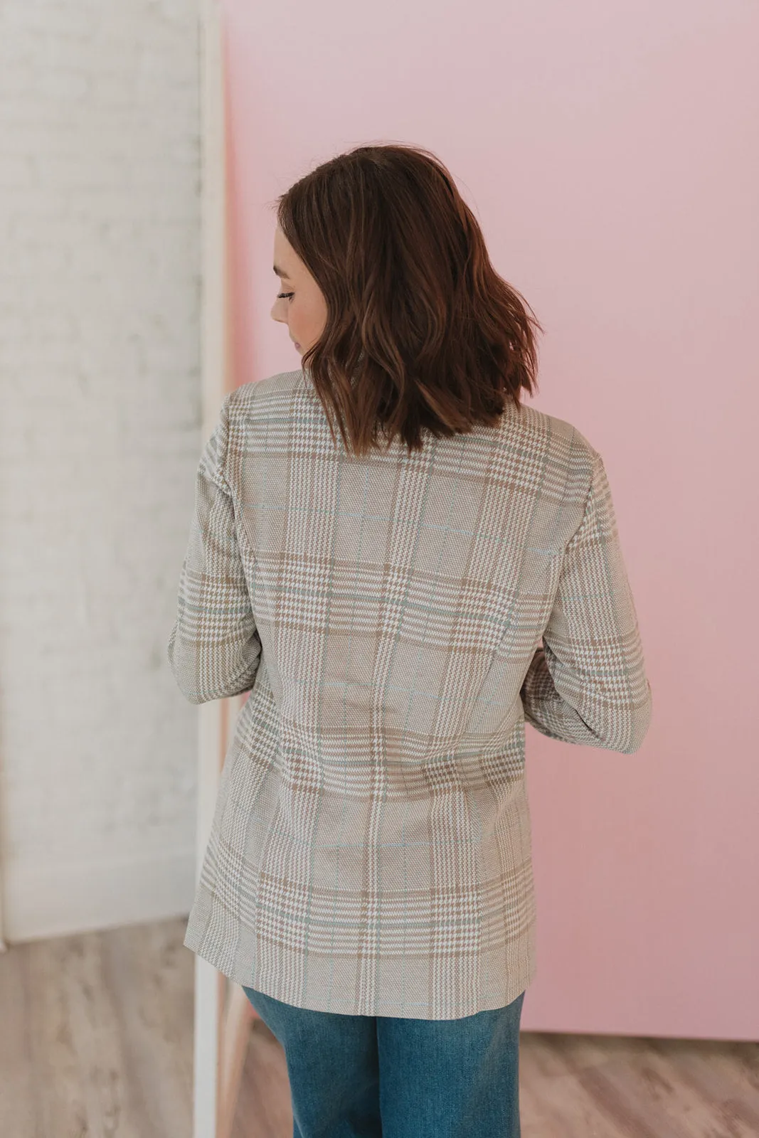 Liverpool Oatmeal/Turquoise Plaid Boyfriend Blazer