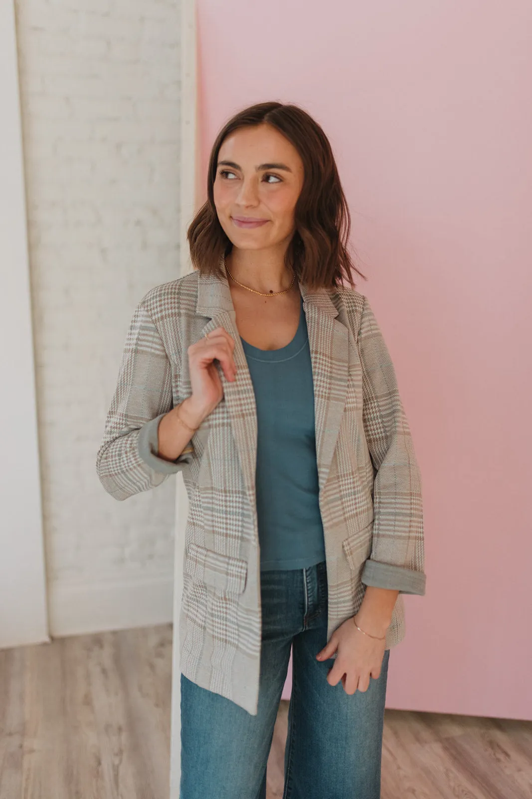 Liverpool Oatmeal/Turquoise Plaid Boyfriend Blazer