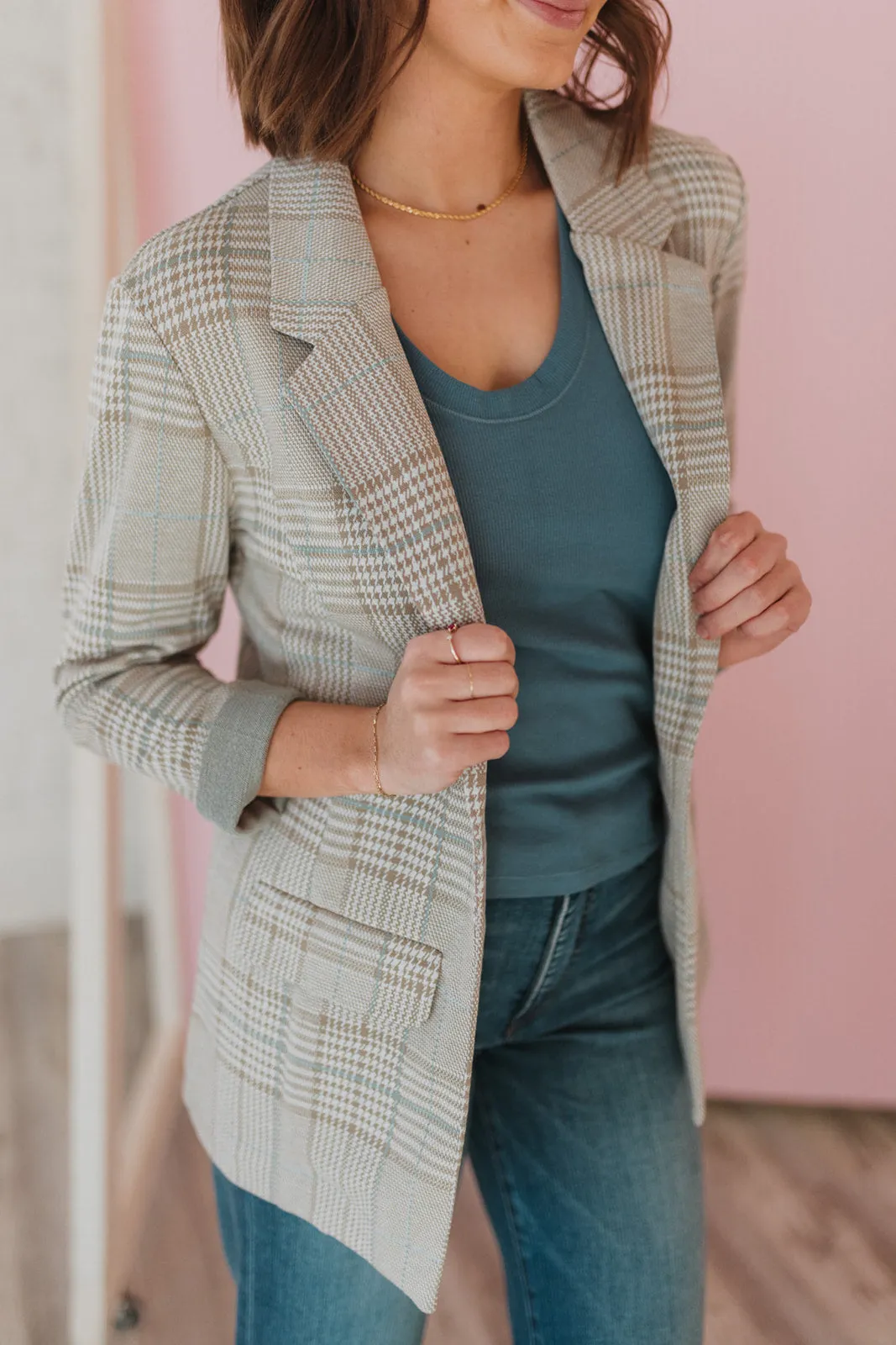 Liverpool Oatmeal/Turquoise Plaid Boyfriend Blazer