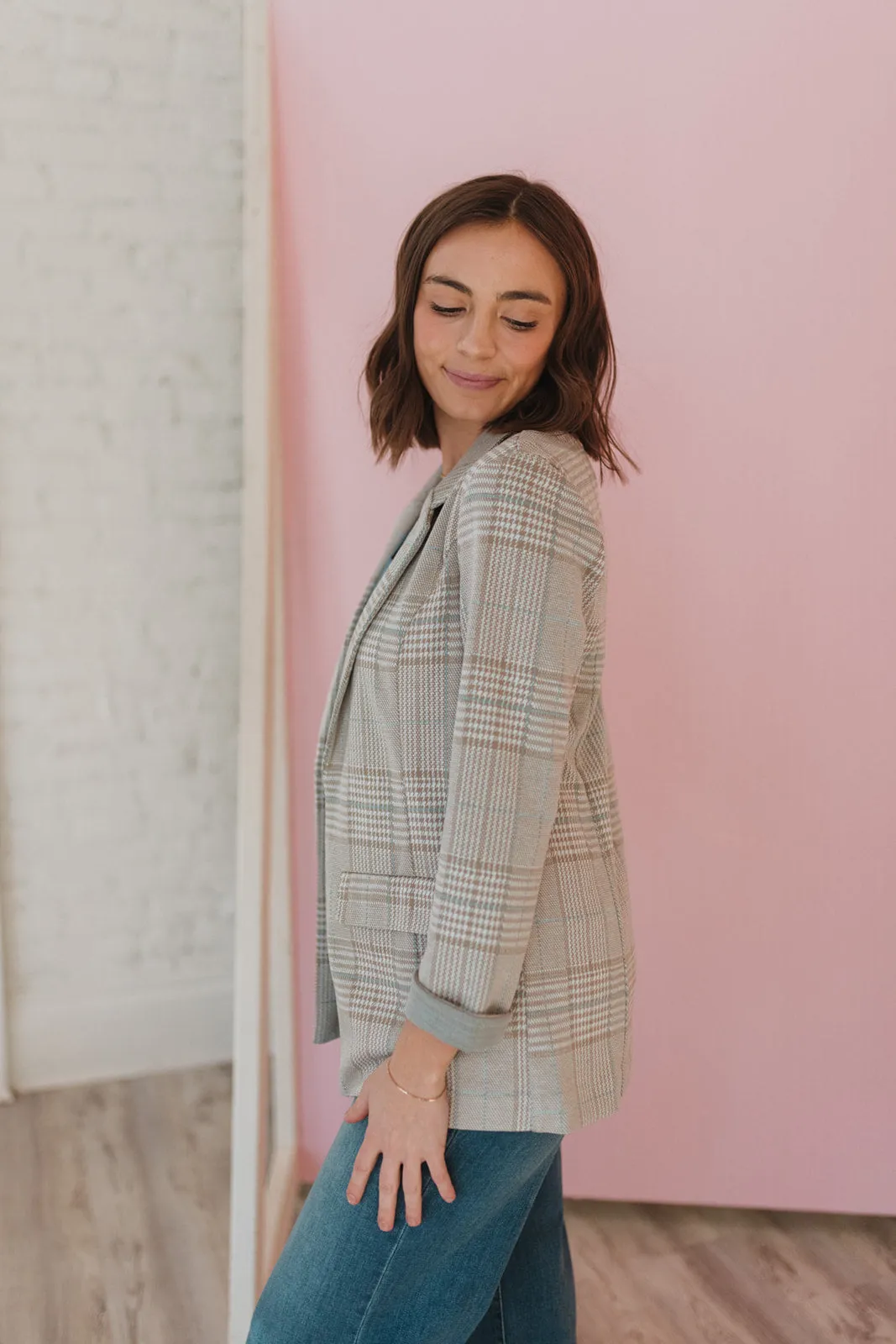 Liverpool Oatmeal/Turquoise Plaid Boyfriend Blazer