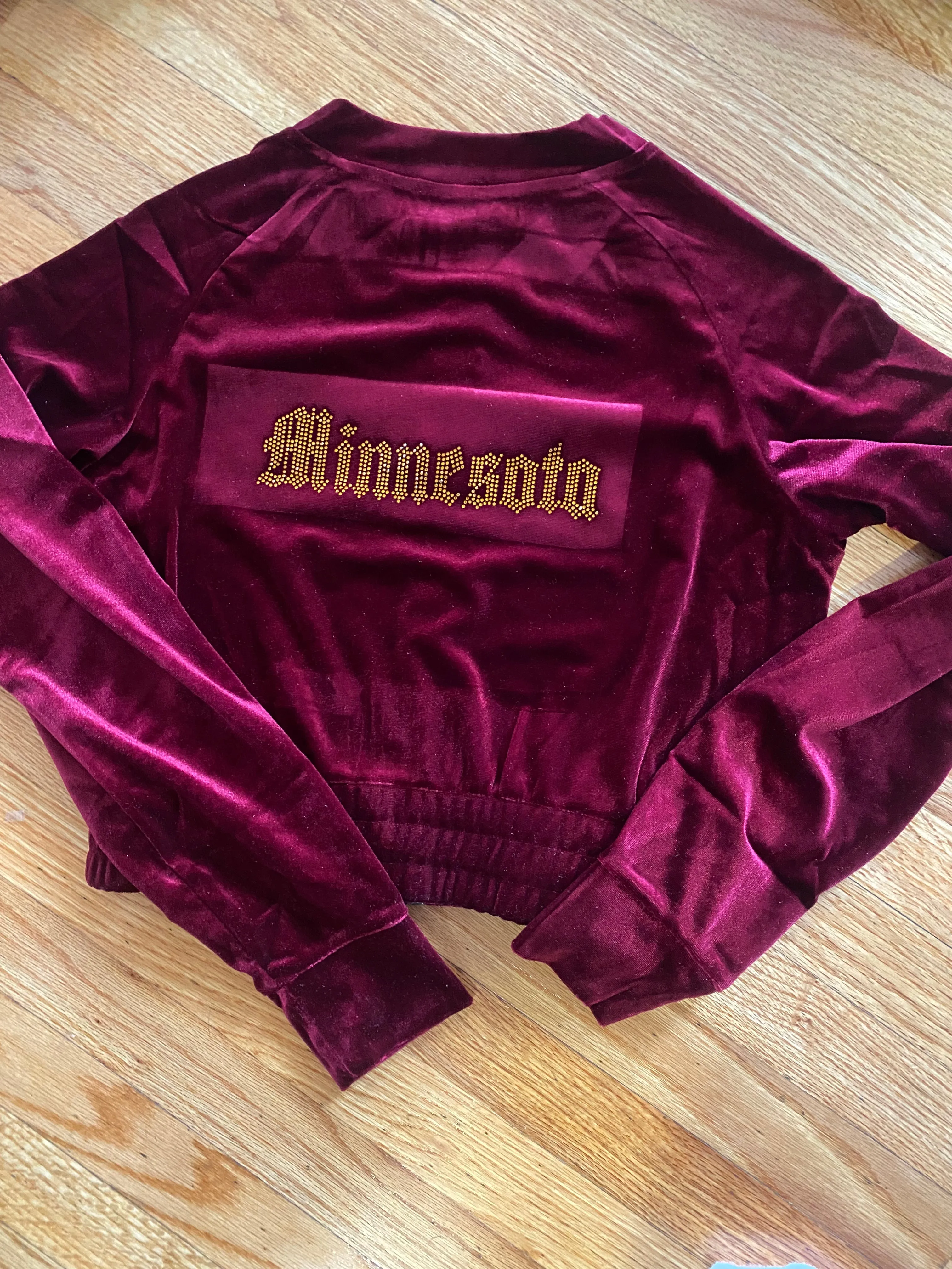 Minnesota Rhinestone Crop Velour Bomber Jacket