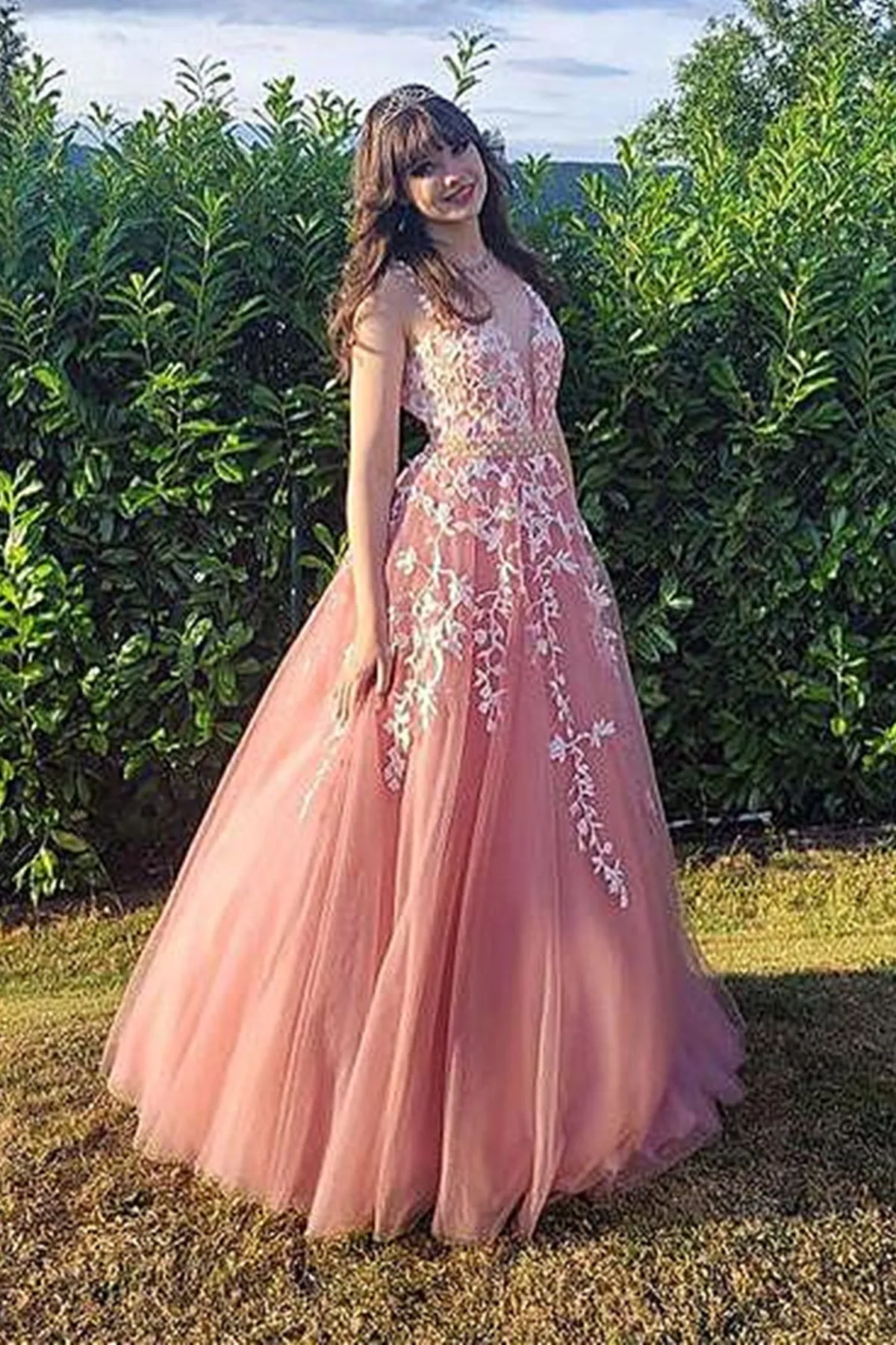 Open Back V Neck Pink Lace Long Prom Dress, Pink Lace Formal Dress, Pink Evening Dress A1663