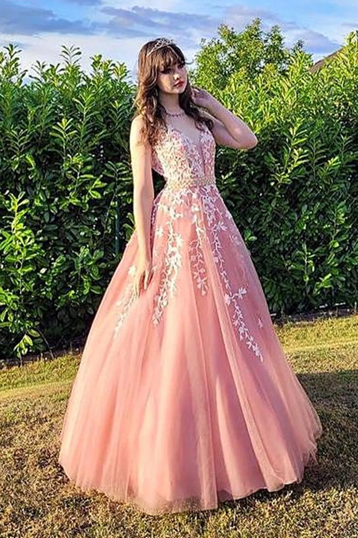 Open Back V Neck Pink Lace Long Prom Dress, Pink Lace Formal Dress, Pink Evening Dress A1663