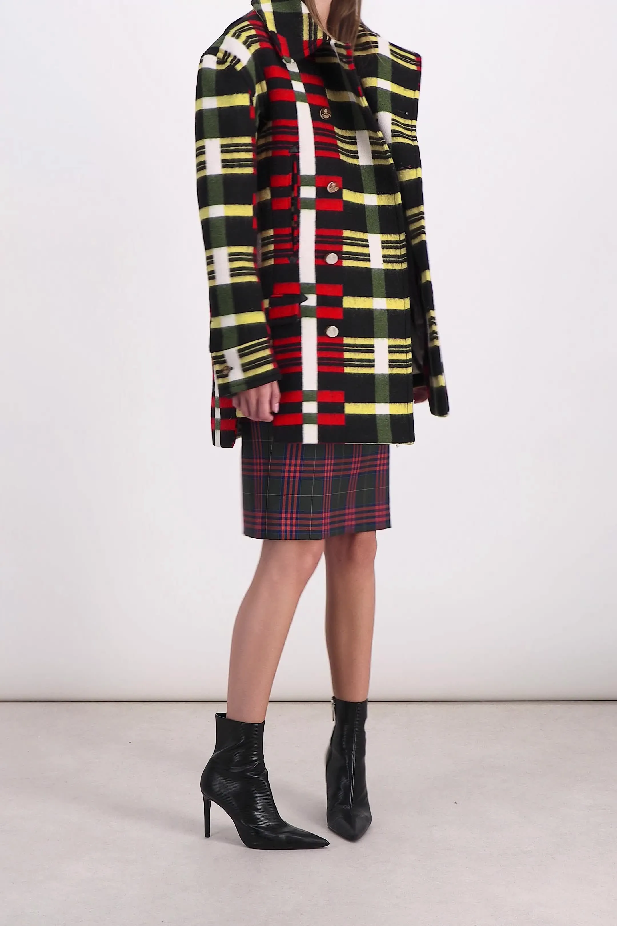 Oversize peacoat with multicoloured stripe pattern