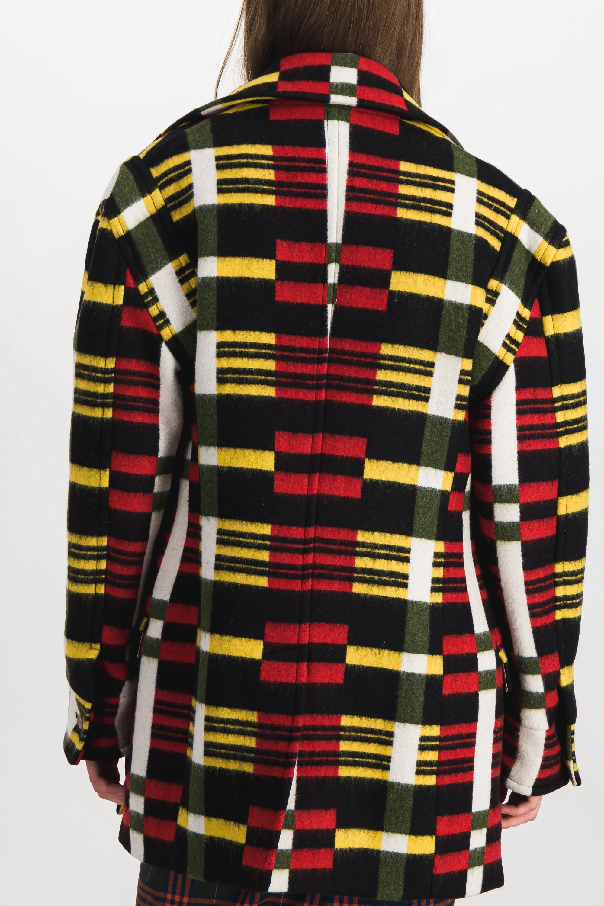 Oversize peacoat with multicoloured stripe pattern