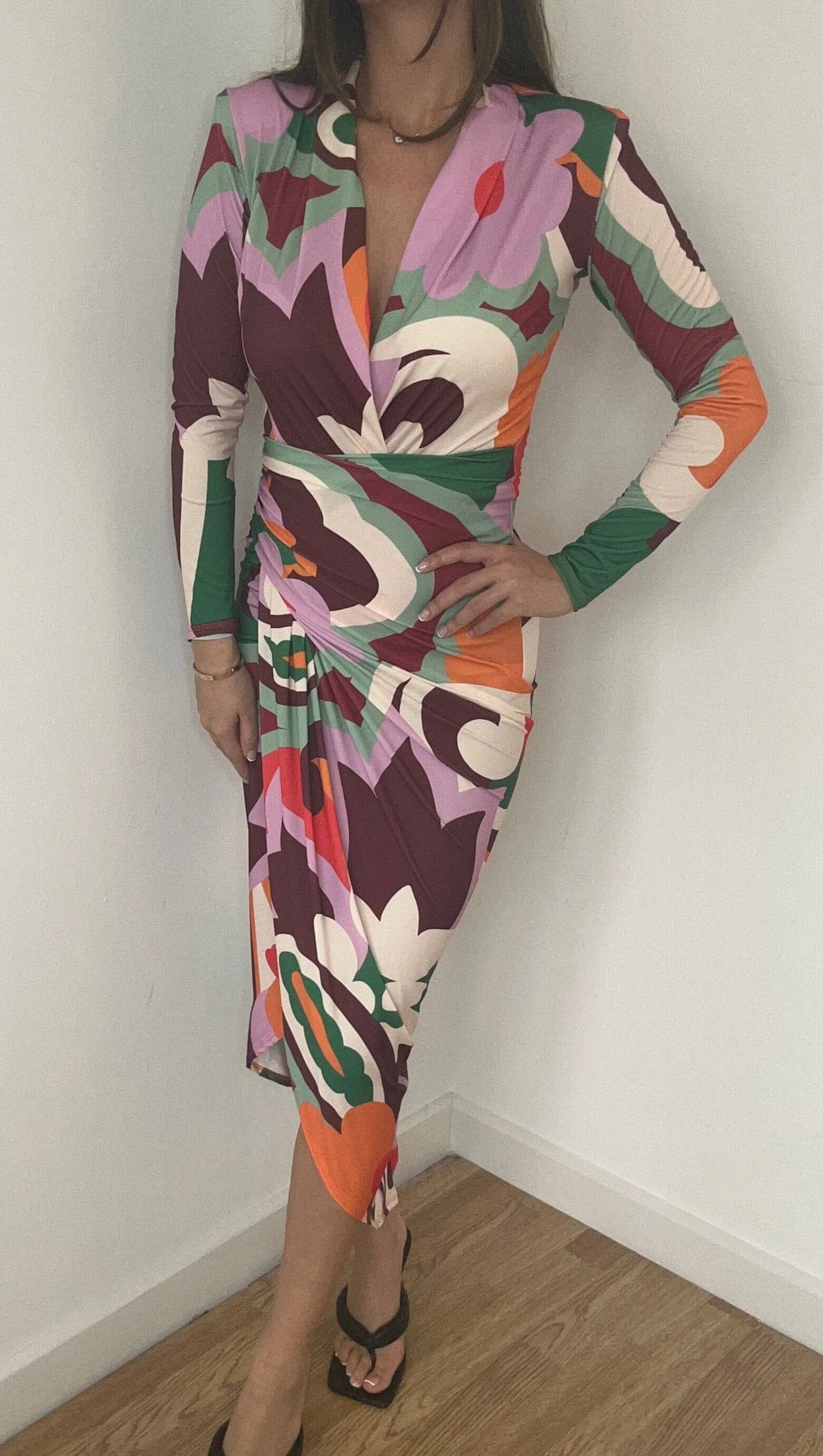 Retro Print Wrap Midi Dress