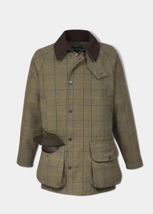 Rutland Men's Tweed Waterproof Shooting Coat In Dark Moss - Regular Fit