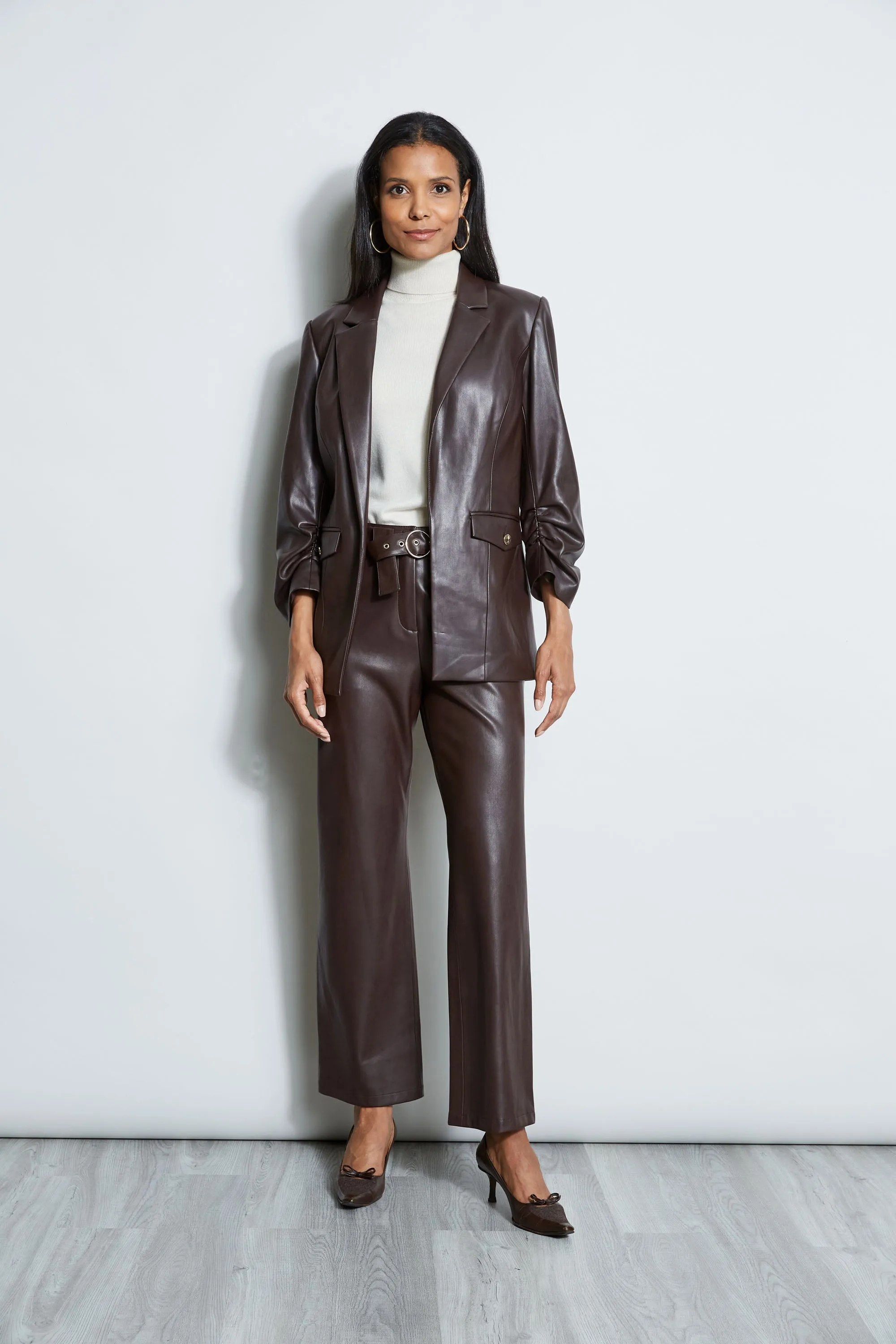 T-Tahari Vegan Leather Ruched Sleeve Blazer