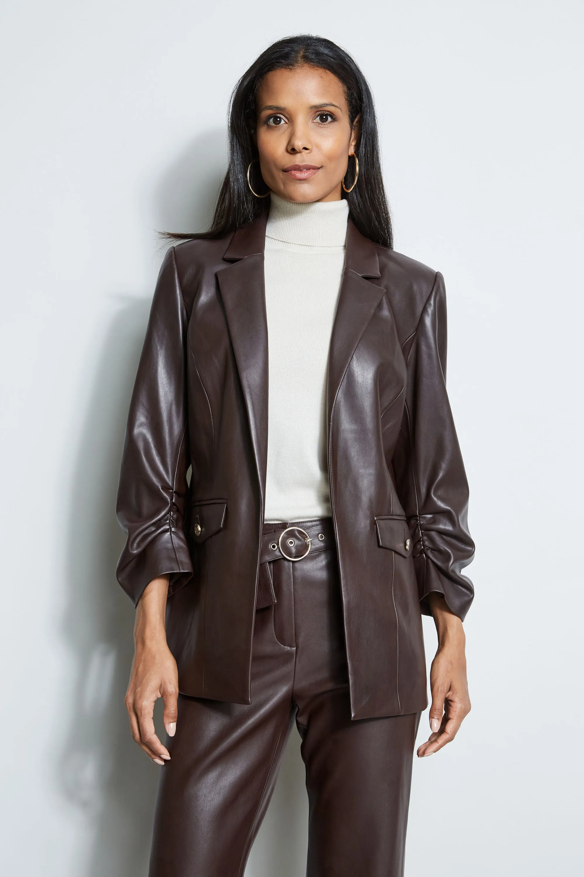 T-Tahari Vegan Leather Ruched Sleeve Blazer