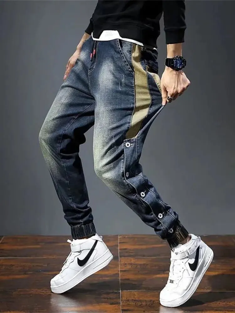 Urban Edge: Men's Loose Fit Baggy Moto Jeans with Fashion Pockets - Retro Streetwear Harem Pants for Relaxed and Tapered Style